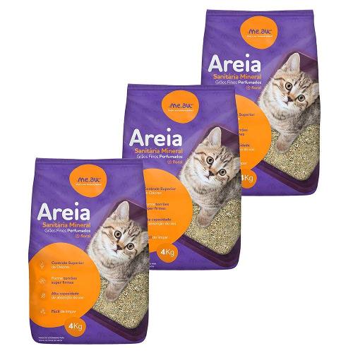 Areia Sanitária Meau Grãos Finos Perfume Floral para Gato - 12 Kg (3 Unidades)