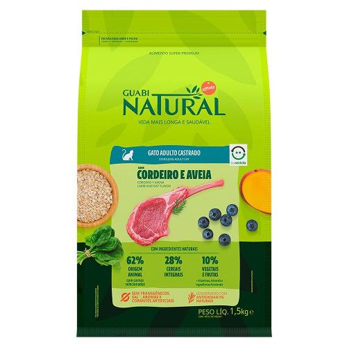 Ração Guabi Natural Cordeiro e Aveia para Gatos Adultos Castrados - 1,5 Kg