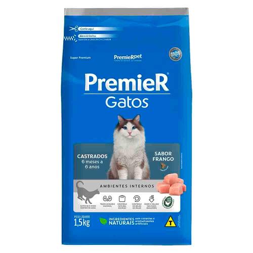Ração Seca Premier Pet Ambientes Internos Frango 6 Meses a 6 Anos para Gatos Castrados - 1,5 Kg