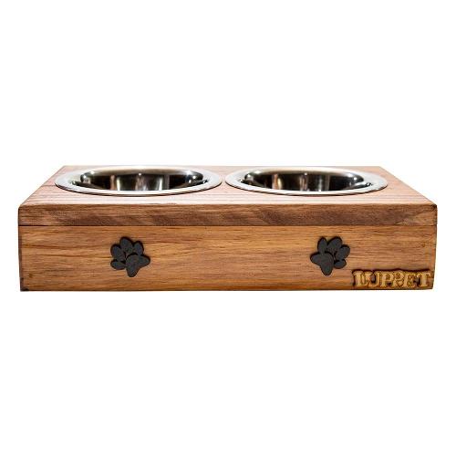 Comedouro Duplo Madeira Marrom Patinhas para Cães e Gatos - Tam. Único