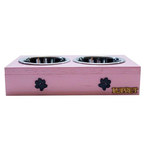 Comedouro Duplo Madeira Patinhas Rosa para Cães e Gatos - Tam. Único