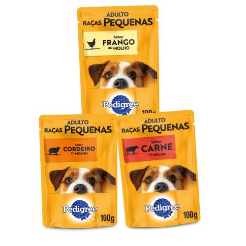 Kit Pedigree Sachê Cães Adultos Raças Pequenas Cordeiro + Frango + Carne - 18 Unidades