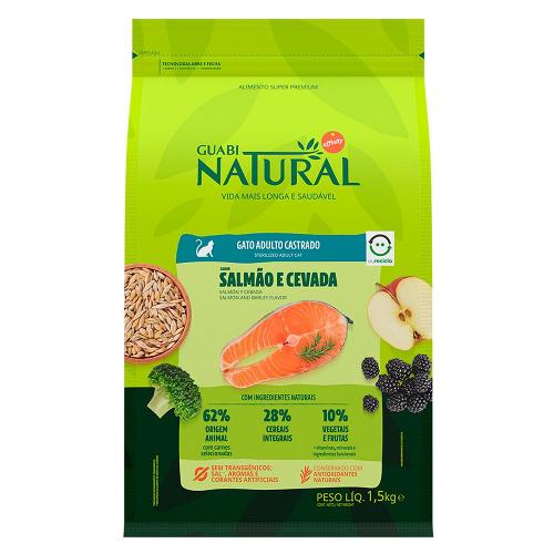 Ração Guabi Natural Salmão e Cevada para Gatos Adultos Castrados - 1,5 Kg