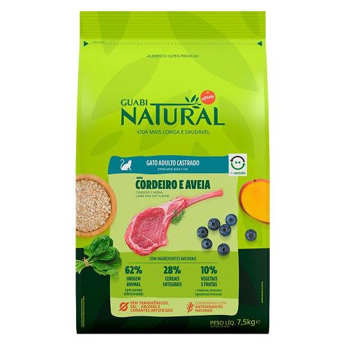 Ração Guabi Natural Cordeiro e Aveia para Gatos Adultos Castrados - 7,5 Kg