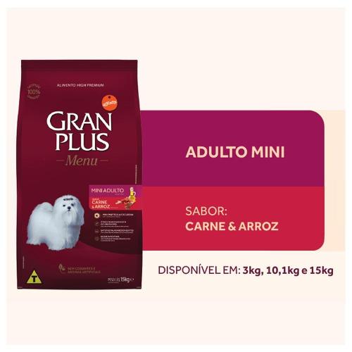 Ração GranPlus Menu Carne e Arroz Cães Adultos Mini - 1 Kg