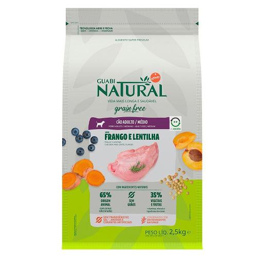 Ração Guabi Natural Grain Free Frango e Lentilha para Cães Adultos Raças Médias - 2,5 Kg