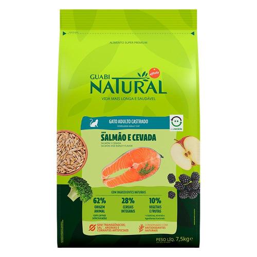 Ração Guabi Natural Salmão e Cevada para Gatos Adultos Castrados - 7,5 Kg