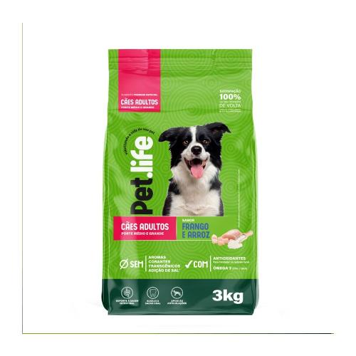 Ração Seca Pet.life Frango e Arroz para Cães Adultos Porte Médio e Grande - 3 Kg