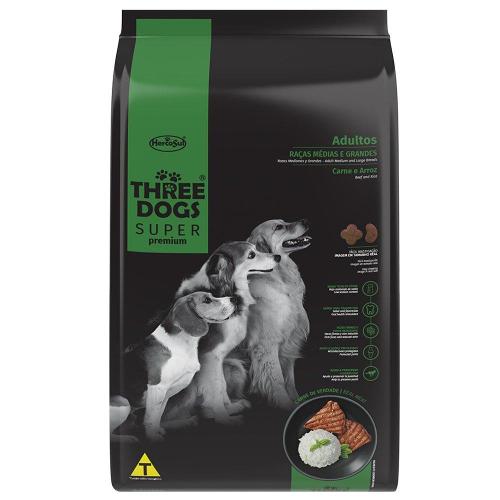 Ração Seca Three Dogs Super Premium Carne e Arroz para Cães Adultos Raças Médias e Grandes - 10,1 Kg