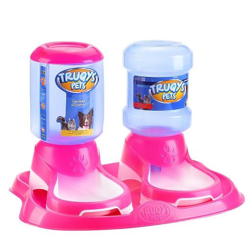 Kit Truqys Pets Automático Bandeja + Comedouro + Bebedouro - Rosa