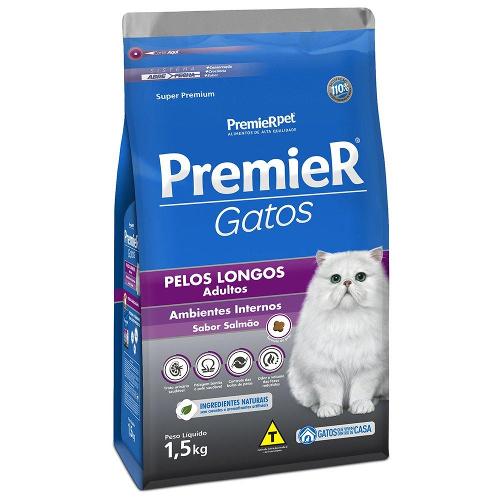 Ração Premier Pet Gatos Ambientes Internos Pelos Longos Adultos Salmão - 1,5 Kg