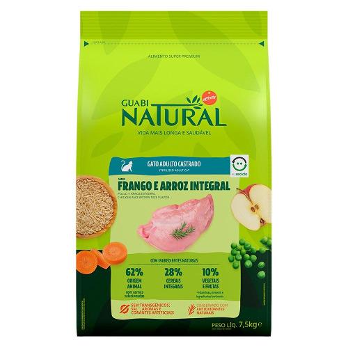 Ração Guabi Natural Frango e Arroz Integral para Gatos Adultos Castrados - 7,5 Kg
