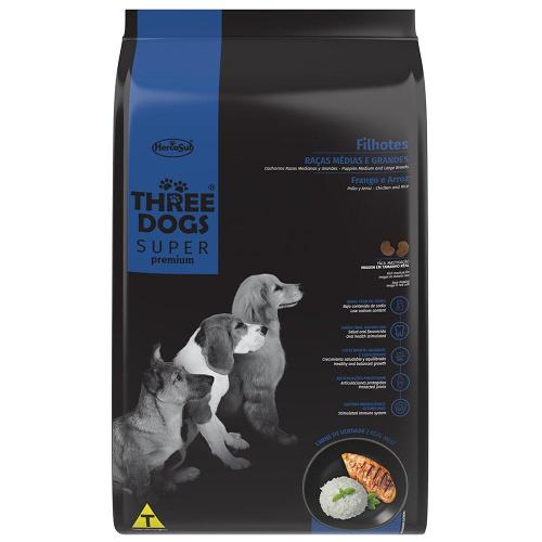 Ração Seca Three Dogs Super Premium Frango e Arroz para Cães Filhotes Raças Médias e Grandes - 15 Kg