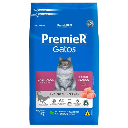 Ração Seca Premier Pet Ambientes Internos Frango 7 a 11 Anos para Gatos Castrados - 1,5 Kg
