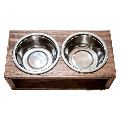 Comedouro Duplo Madeira Marrom para Cães e Gatos - Tam. Único