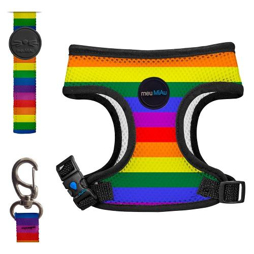 Conjunto Peitoral Style Mesh e Guia Rainbow para Gatos - Tam. Único
