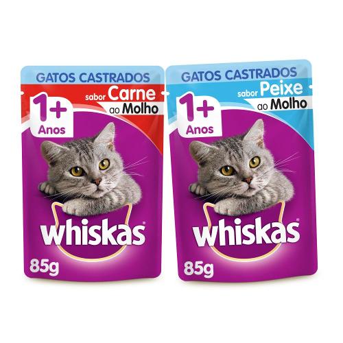Kit Whiskas Sachê Gatos Adultos Castrados Carne + Peixe - 40 Unidades