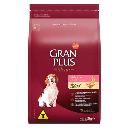 Ração GranPlus Menu Light Frango e Arroz para Cães Adultos Raças Médias e Grandes - 3 Kg