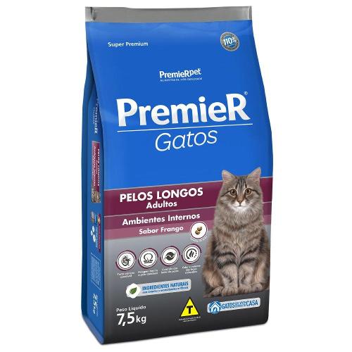 Ração Premier Pet Gatos Ambientes Internos Pelos Longos Adultos Frango - 7,5 Kg