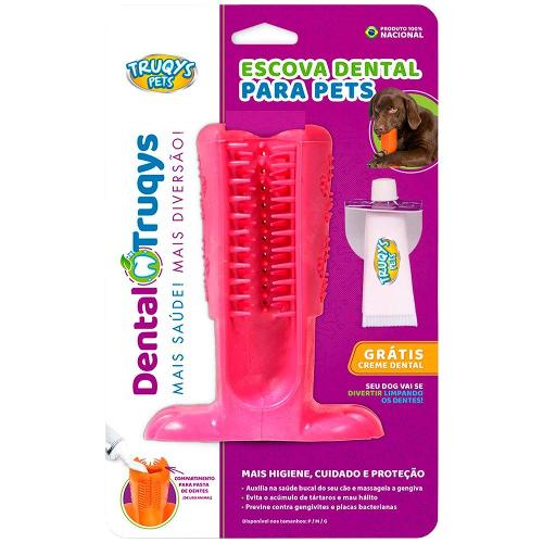 Escova Dental Truqys Pets Rosa para Cães - Tam. P