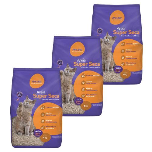 Kit Areia Sanitária Mineral Me.Au Pet Super Seca para Gatos 4 Kg - 12Kg (3 Unidades)