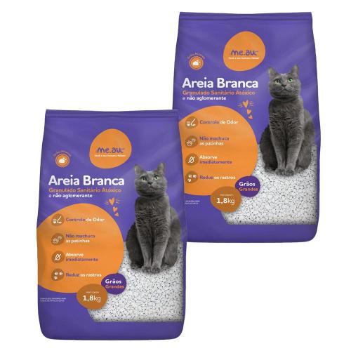 Kit Areia Sanitária Branca Me.Au Pet Grãos Minerais para Gatos 1,8 Kg - 3,6Kg (2 Unidades)