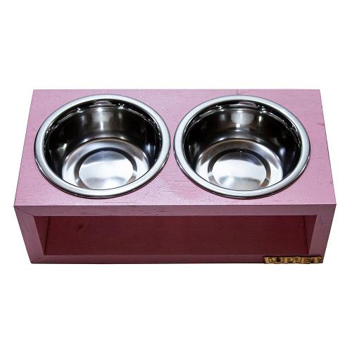 Comedouro Duplo Madeira Rosa para Cães e Gatos - Tam. Único