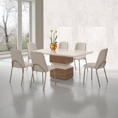 Mesa de Jantar Retangular Aço Nobre Aurora com Tampo de Vidro e 6 Cadeiras Estofadas - Champagne e Off White