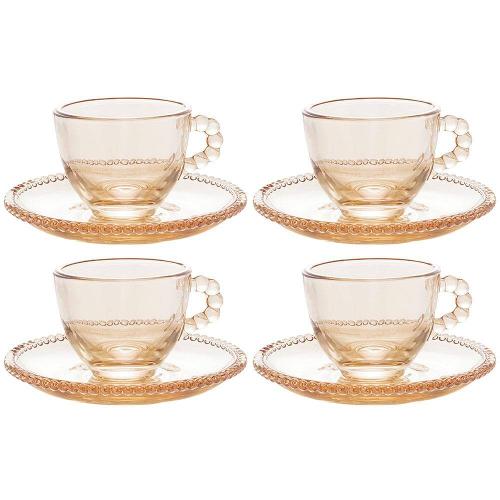 Conjunto com 4 Xícaras e Pires para Café Wolff Pearl em Cristal Âmbar - 80 ml