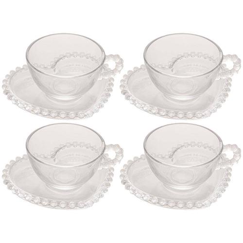 Conjunto com 4 Xícaras e Pires para Chá Wolff Pearl Coração em Cristal - 180 ml