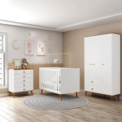 Guarda-Roupa Bartira Ternura com 3 Portas, 2 Gavetas + Cômoda Ternura com 5 Gavetas + Berço Móveis Estrela Ternura