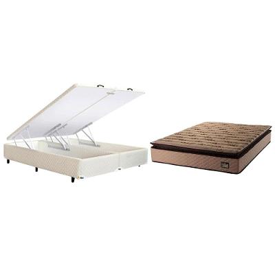 Colchão Queen Size Hellen Van Gogh Espuma + Base Box para Itaflex Universal com Baú 69,5x158x198cm - Caqui/Bege