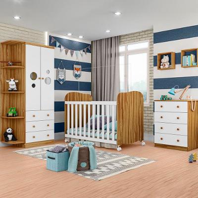 Berço Americano + Cômoda Infantil com 4 Gavetas e 65,1cm de Largura + Guarda-Roupa Infantil Peroba Duda Plus com 2 Portas, 3 Gavetas e 5 Prateleira