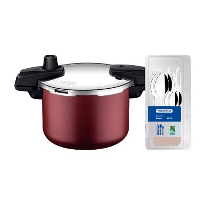 Panela de Pressão Tramontina Arizona em Alumínio, Revestimento Starflon Max 4,5L – Vermelha + Faqueiro 12 Peças Leme, Lâminas em Aço Inox – Cinza