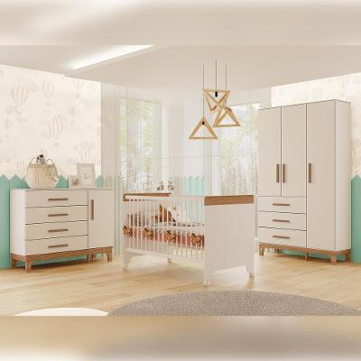 Quarto Bebê Completo Canaã Pega Pega Berço-Cama Armário 3 Portas Cômoda 4 Gavetas MDF Design Moderno Branco Caramelo