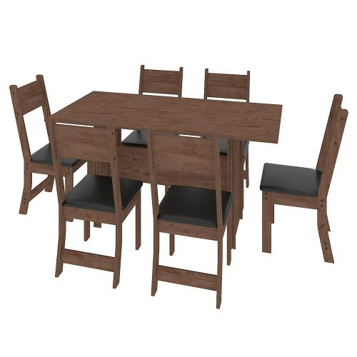 Mesa de Jantar Retangular Indekes Pequi com 6 Cadeiras e Assento Revestido em Courino