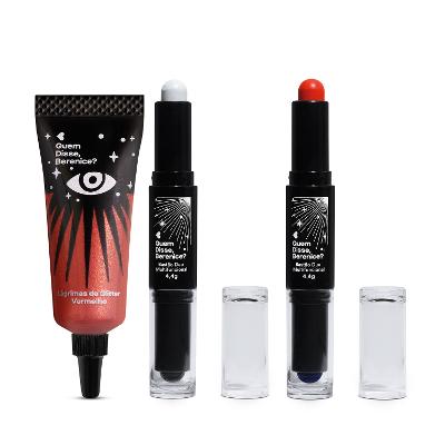 Combo Halloween QDB: Lágrimas de Glitter Vermelho 9ml + Bastão Duo Laranja e Roxo QDB 4,4g + Bastão Duo Preto e Branco 4,4g