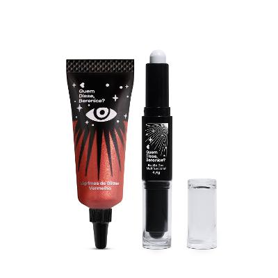 Combo Halloween QDB: Lágrimas de Glitter Vermelho 9ml + Bastão Duo Preto e Branco 4,4g