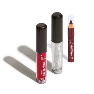 Combo Cherry Lips: Lápis Multifuncional Marrom 1,2g + Batom Líquido Vermelho 4ml + Gloss Labial Transparente 4ml