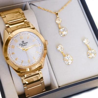 Relógio Feminino Dourado Champion Analógico Prova D'agua CN29409D Colar e Brincos