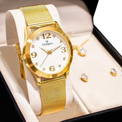 Relógio Feminino Champion Analógico Dourado CN29098W + Kit de Brincos e Colar
