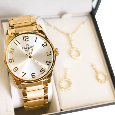 Relógio Feminino Dourado Champion Elegance CN27652W Prova D Agua + Colar e Brincos