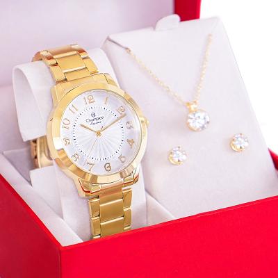 Relógio Feminino Dourado Champion Elegance CN25118W Prova D Agua + Colar e Brincos
