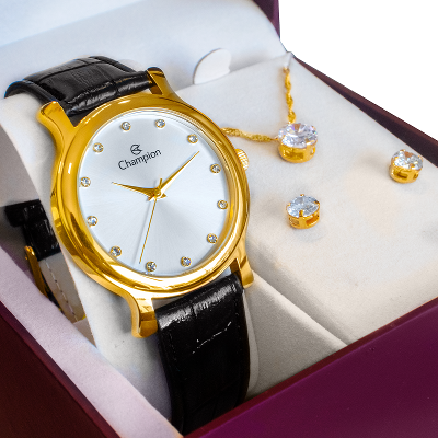 Relógio de Pulso Feminino Champion Couro CH22733B Colar e Brincos
