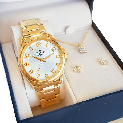 Relógio Champion Feminino Dourado Prova D´Agua CN26377W Colar e Brincos