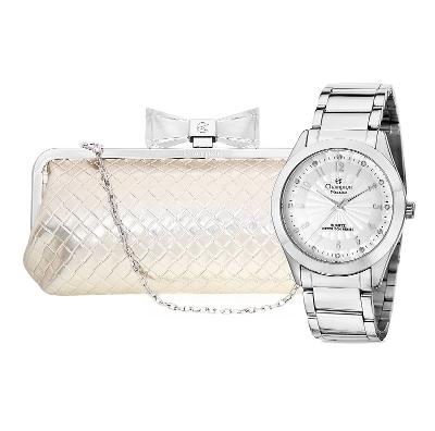 Relógio Feminino Champion Prata Analógico CN29410B + Bolsa Clutch