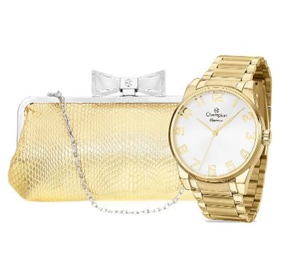 Relógio Feminino Champion Dourado Analógico CN27652G + Bolsa Clutch