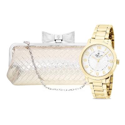Relógio Feminino Champion Dourado Analógico CN25118G + Bolsa Clutch