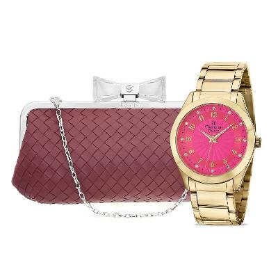 Relógio Feminino Champion Dourado Rosa Analógico CN29410E + Bolsa Clutch