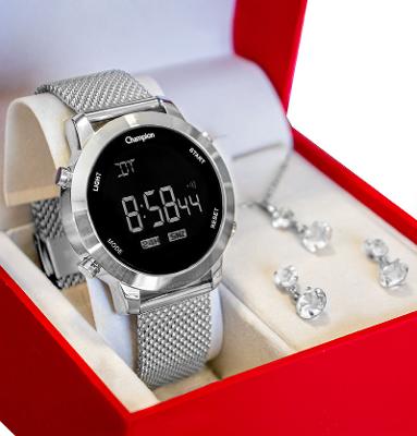 Relógio Champion Feminino Digital LED Prata CH40062T + Kit Colar e Brincos